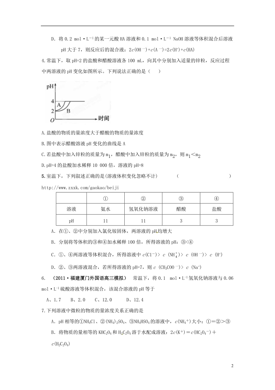 2012高考化学月刊 专题8 电解质溶液 盐类水解专家预测4.doc_第2页