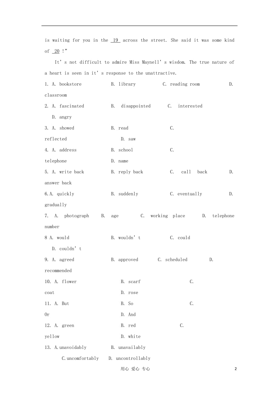 浙江省2012高考英语二轮复习 专题训练 完型填空（37）.doc_第2页