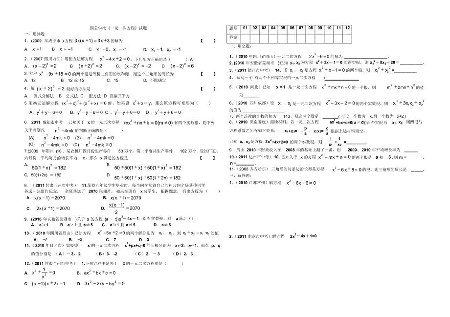 一元二次方程单元测试一元二次方程试卷 .pdf