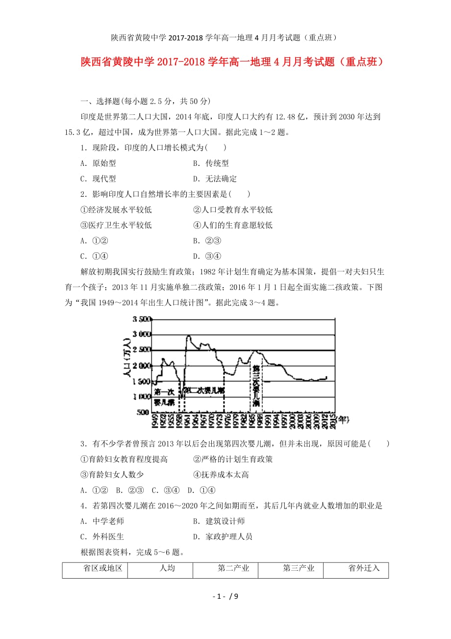 陕西省黄陵中学高一地理4月月考试题（重点班）_第1页