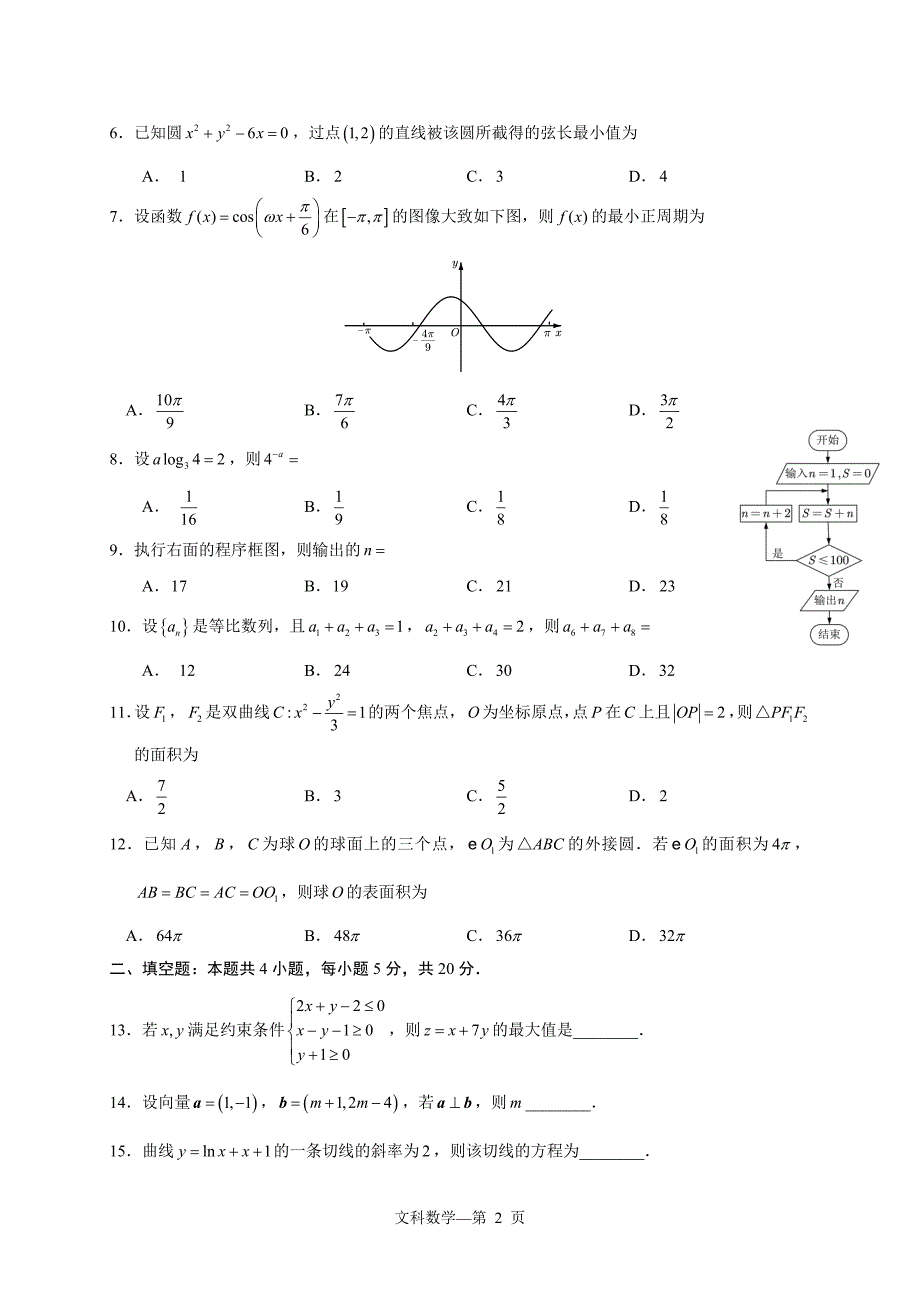 2020年普通高等学校全国统一考试（全国1文）_第2页