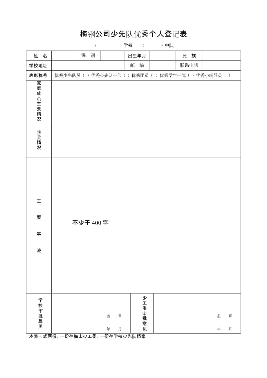 梅钢公司少先队优秀个人登记表_第1页