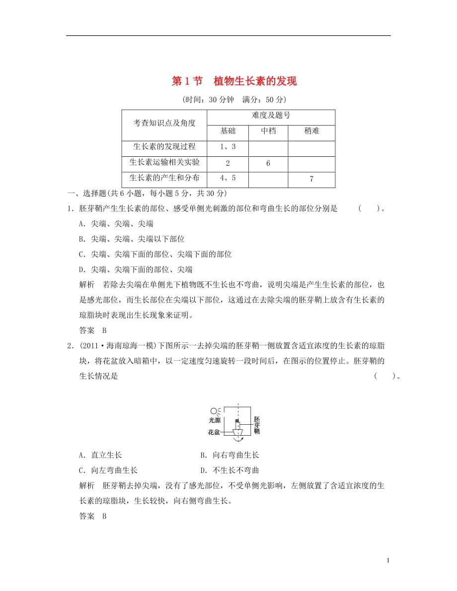 【创新设计】届高中生物 31植物生长素的发现活页规范训练 新人教版必修3_第1页