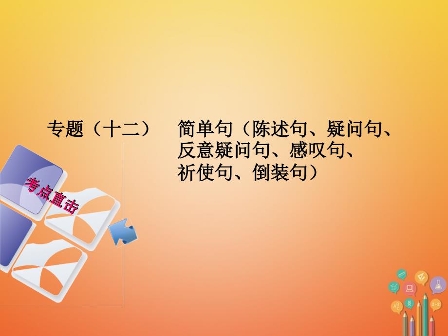 湖南省2018年中考英语总复习第二部分语法点击专题（十二）简单句（陈述句、疑问句、反意疑问句、感叹句、祈使句、倒装句）课件人教新目标版-英语备课大师【全】.ppt_第1页