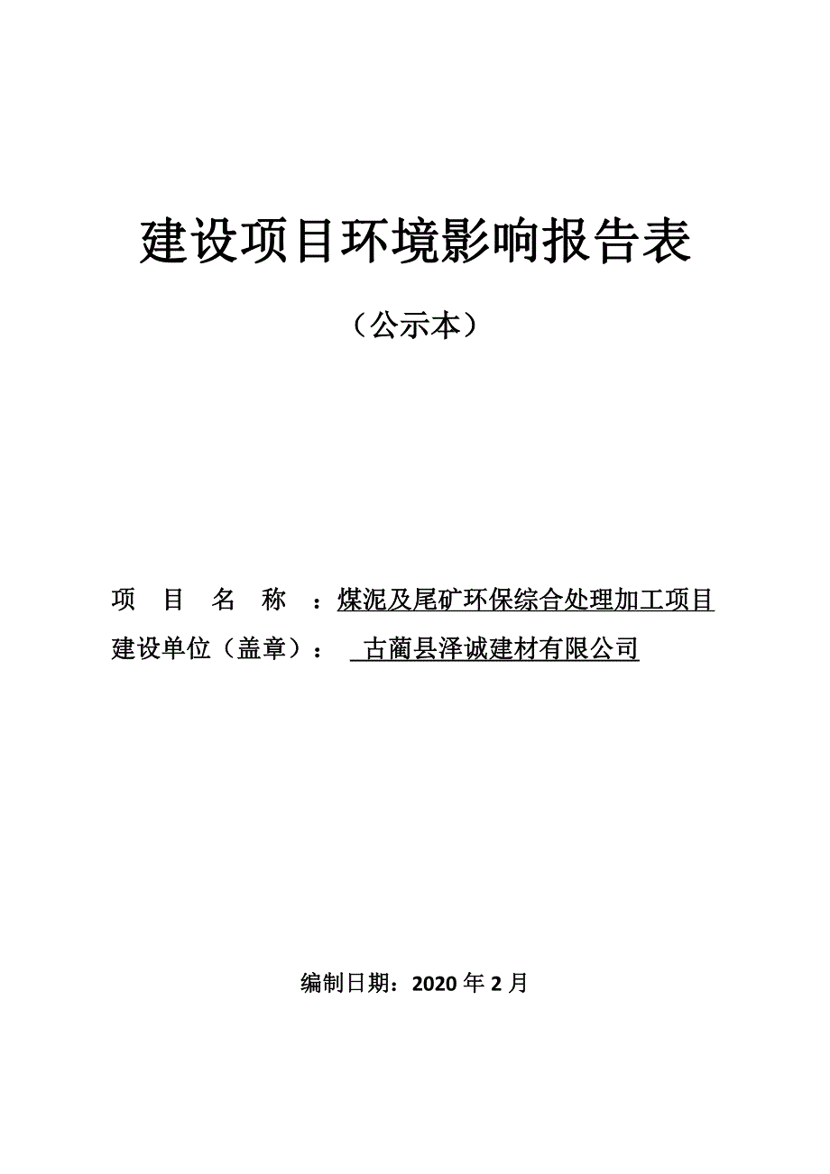 煤泥及尾矿环保综合处理加工项目环评报告表_第1页