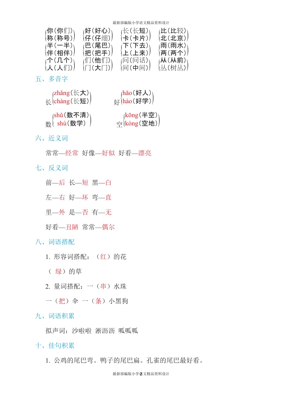 最新部编版小学一年级上册语文第六单元 单元知识小结_第2页