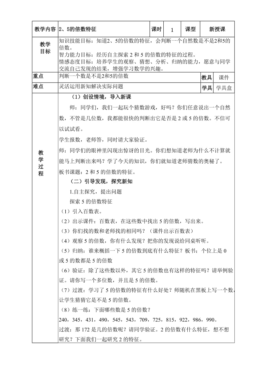 四年级上册数学教案-5.3 2.5的倍数特征｜冀教版(1)_第1页