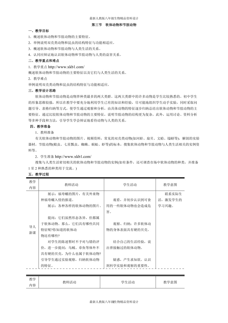 最新人教版八年级上册生物 精品教案 3.第三节软体动物和节肢动物_第1页