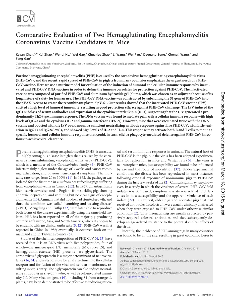 2012 Comparative Evaluation of Two Hemagglutinating Encephalomyelitis Coronavirus Vaccine Candidates in Mice_第1页