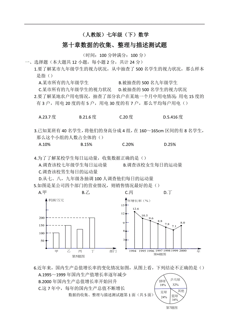 人教版本七下数学十数据收集、整理与描述测试题与全国真题_第1页