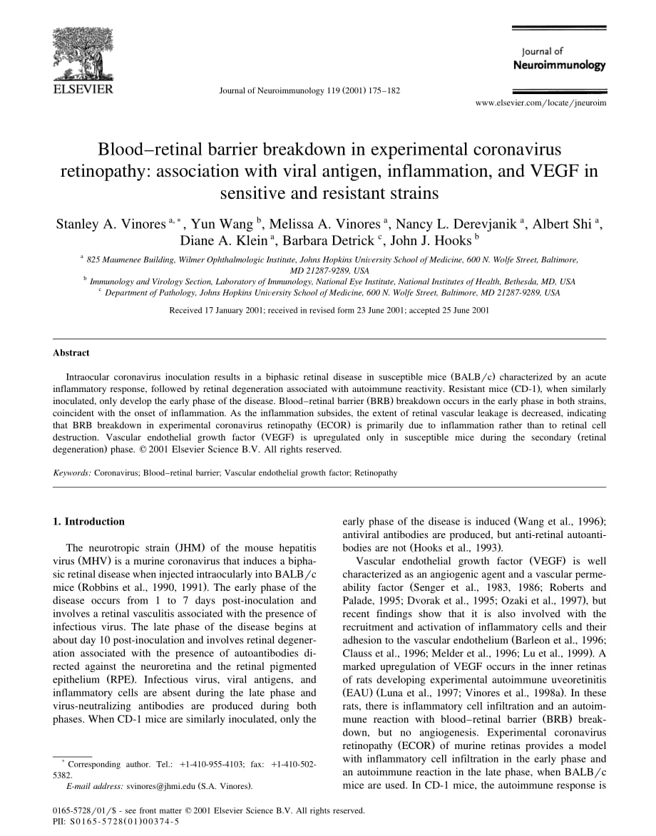 2001 Blood_retinal barrier breakdown in experimental coronavirus retinopathy_ association with viral antigen, inflammati_第1页