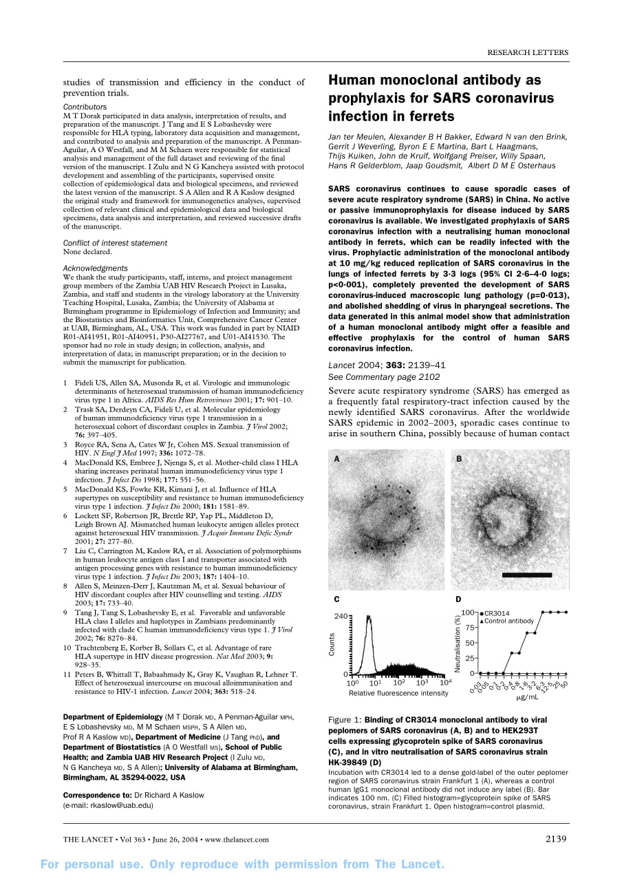 2004 Human monoclonal antibody as prophylaxis for SARS coronavirus infection in ferrets_第1页