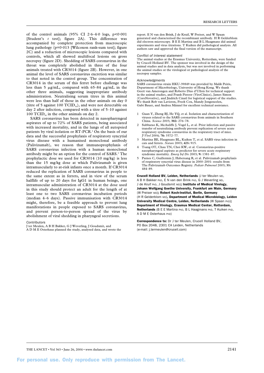 2004 Human monoclonal antibody as prophylaxis for SARS coronavirus infection in ferrets_第3页