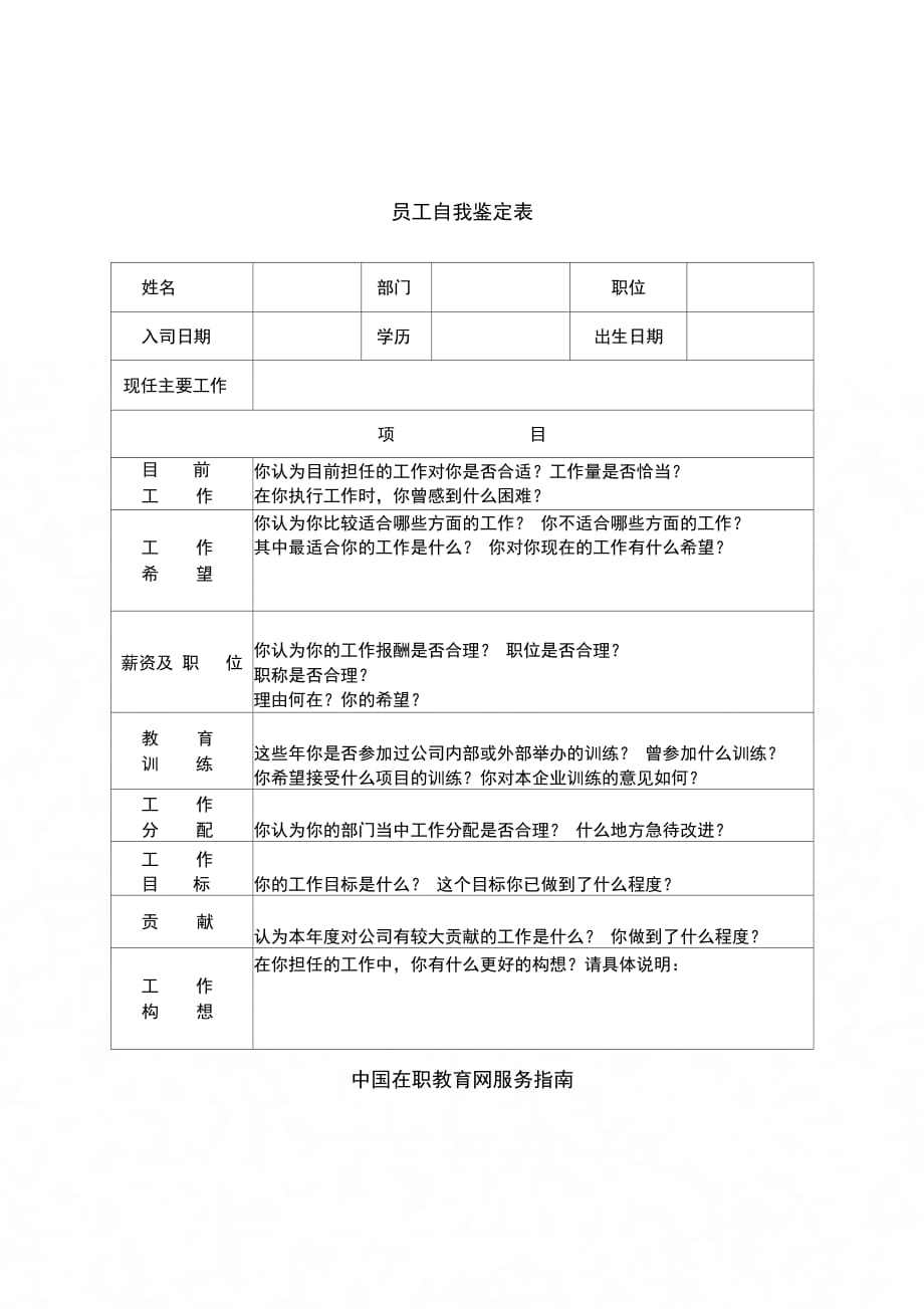 某企业员工自我鉴定表_第1页