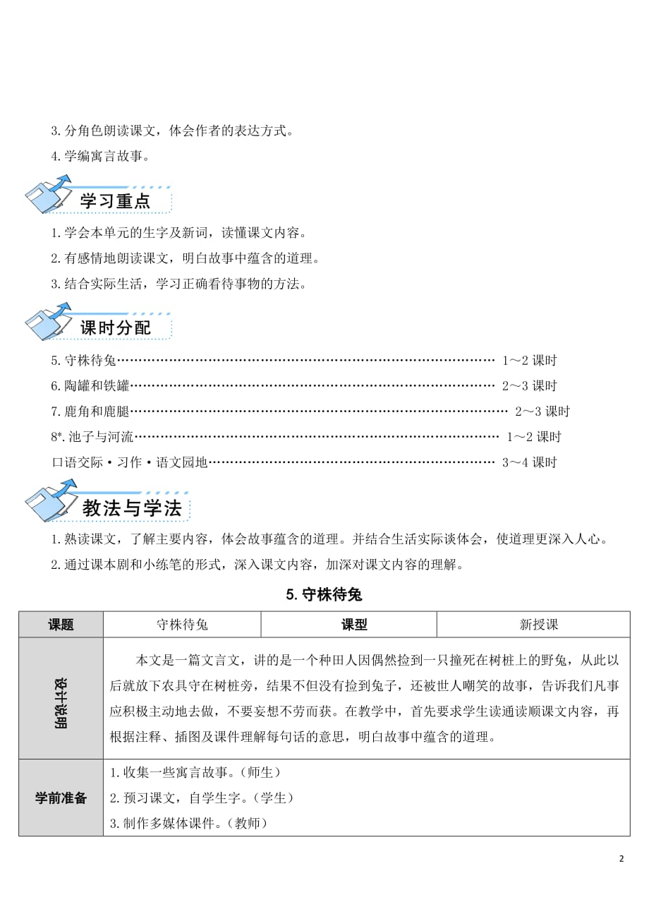 人教部编版三下《守株待兔》语文教案_第2页