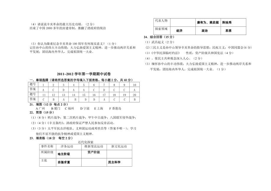 初二年级第一学期历史期中试卷含答案_第3页