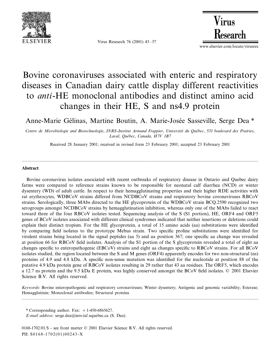 2001 Bovine coronaviruses associated with enteric and respiratory diseases in Canadian dairy cattle display different re_第1页