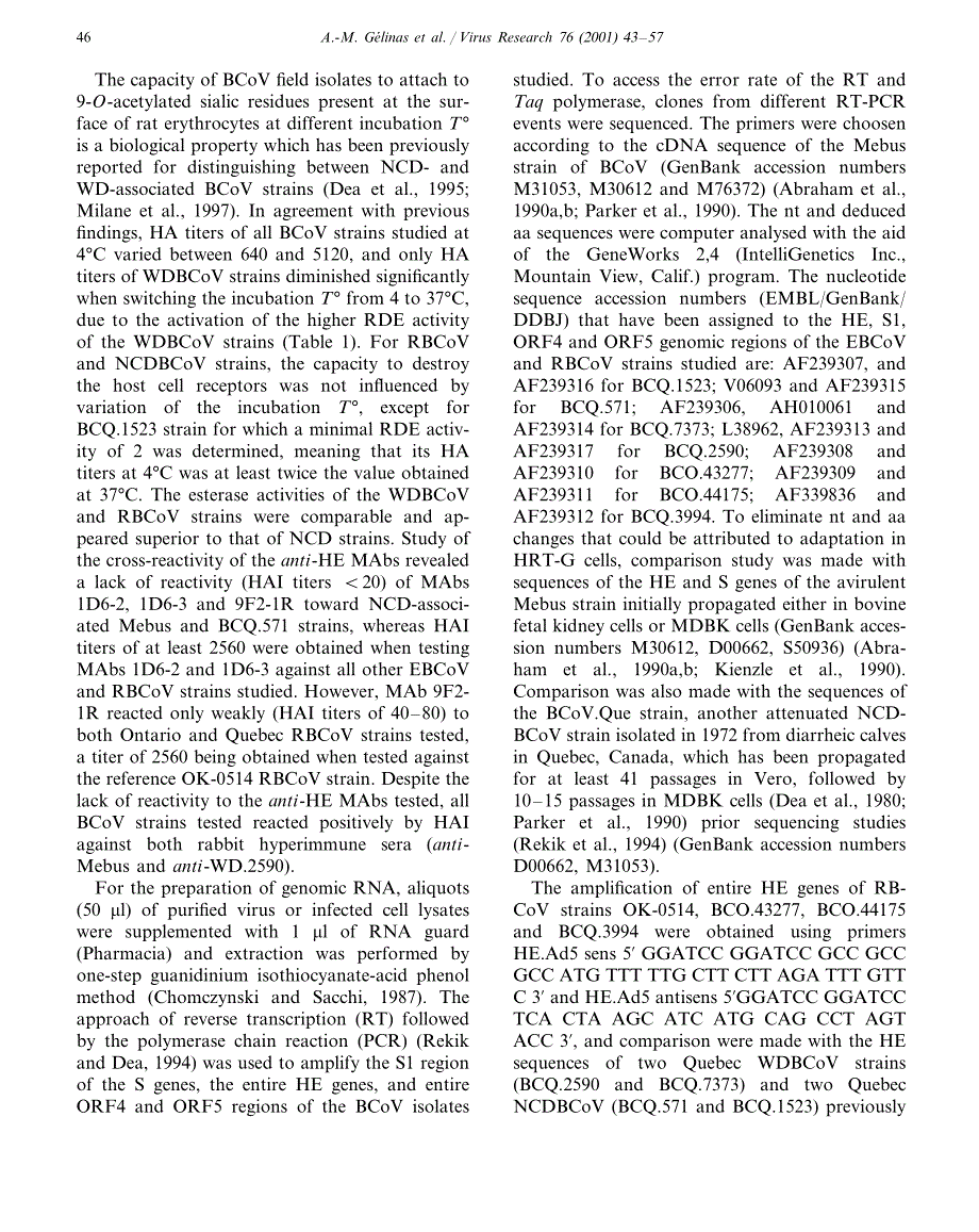 2001 Bovine coronaviruses associated with enteric and respiratory diseases in Canadian dairy cattle display different re_第4页