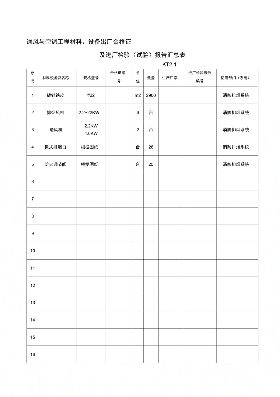 空调施工资料填写范例2KT2通风与空调工程材料KT2_第1页