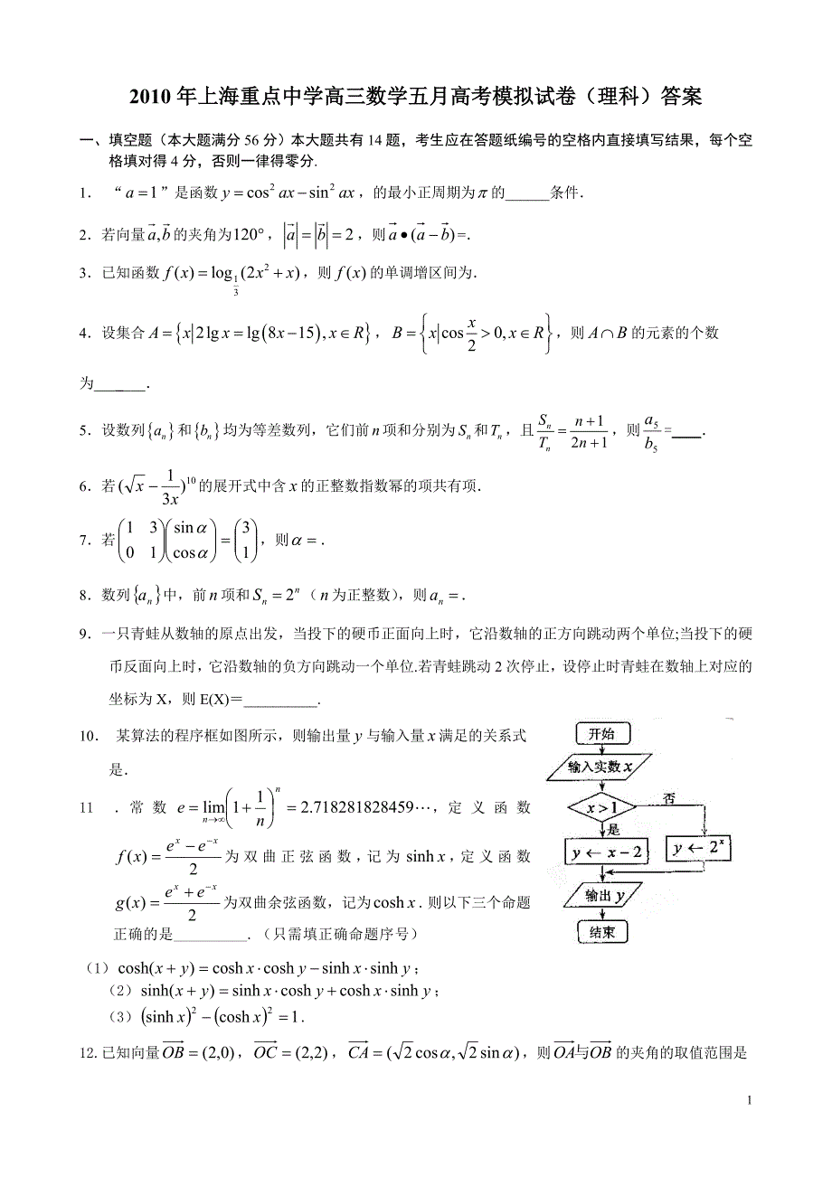 上海重点中学高三数学高考模拟试卷(理科)附标准答案_第1页