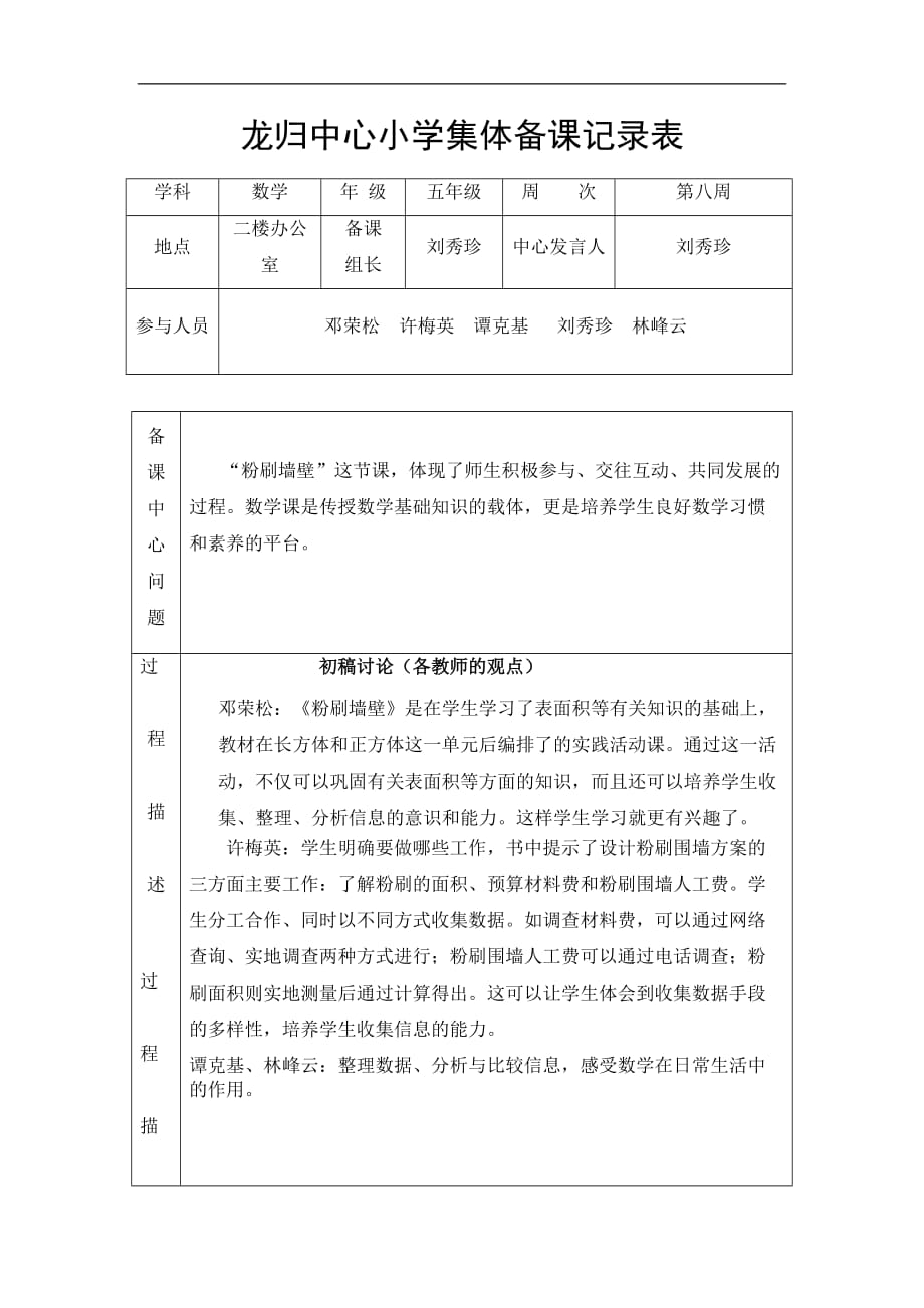 龙归中心小学集体备课记录表_第1页