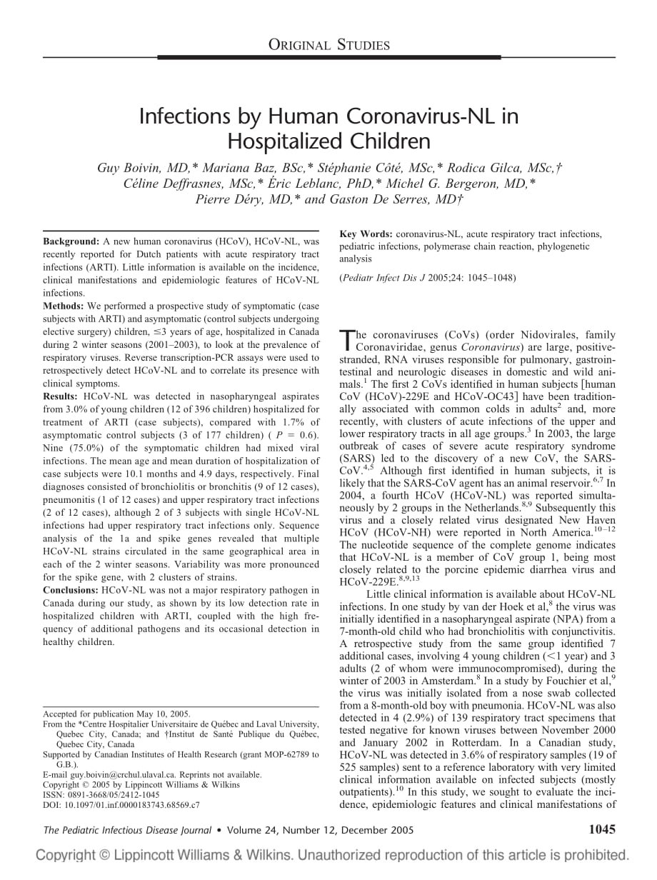 2005 Infections by Human Coronavirus-NL in Hospitalized Children_第1页