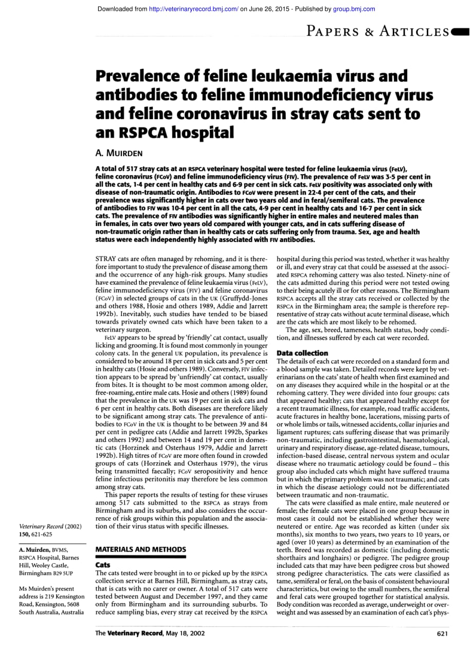 2002 Prevalence of feline leukaemia virus and antibodies to feline immunodeficiency virus and feline coronavirus in stra_第1页
