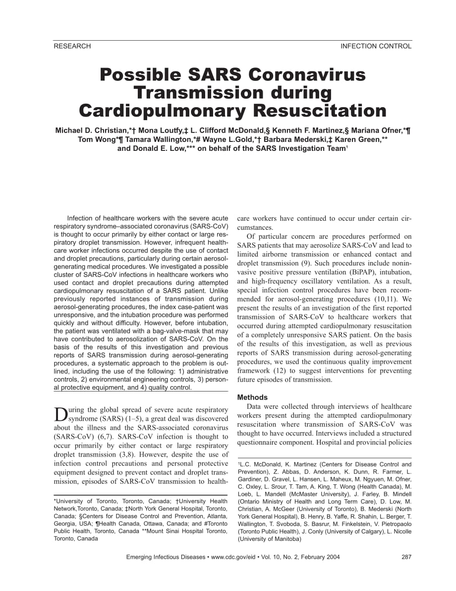 2004 Possible SARS Coronavirus Transmission during Cardiopulmonary Resuscitation_第1页