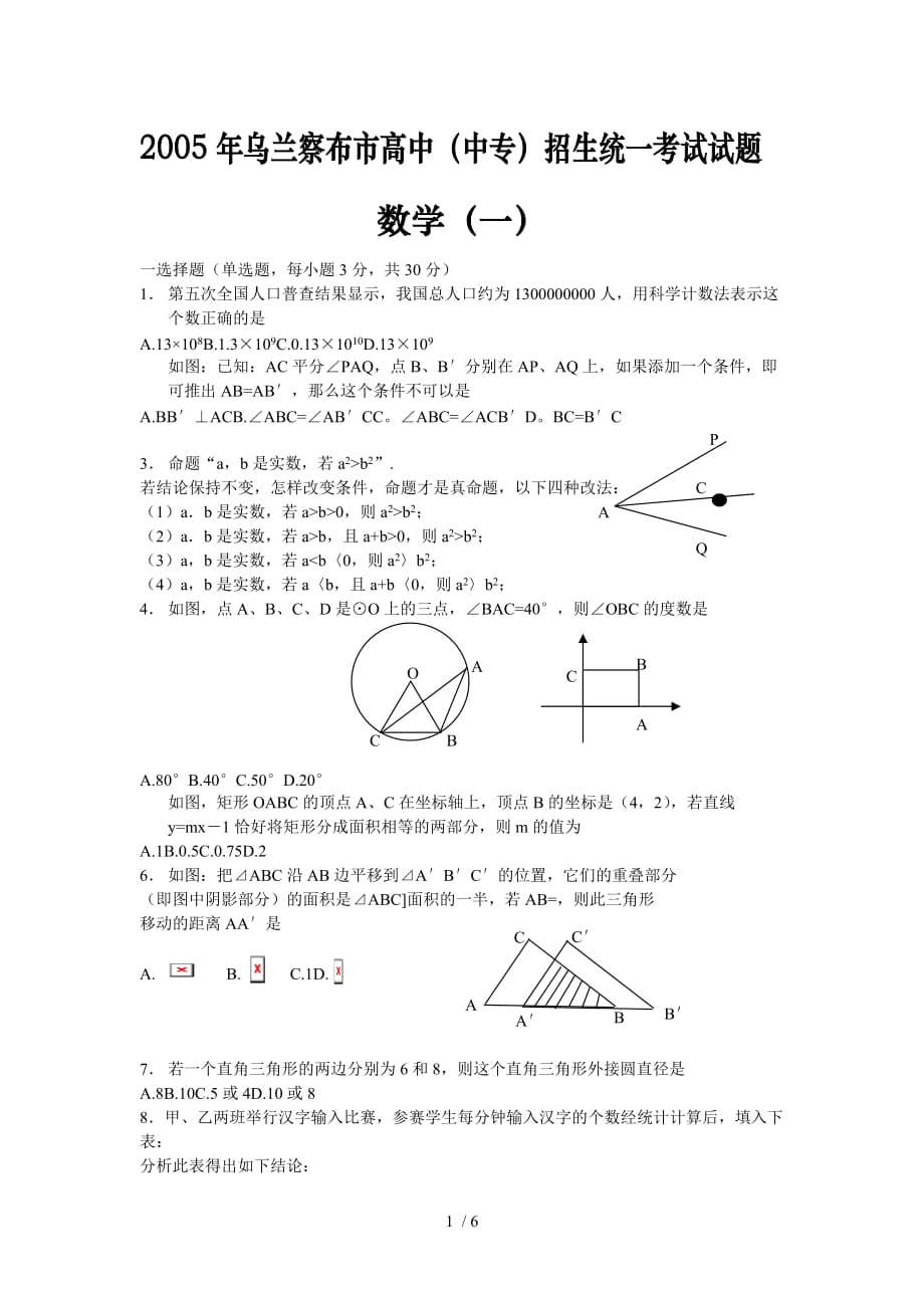 内蒙古乌兰察布市全国高中（中专）招生统一测验数学试题_第1页