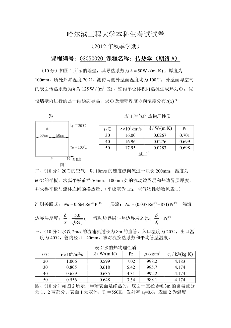 传热学期终测验考试题A卷_第1页