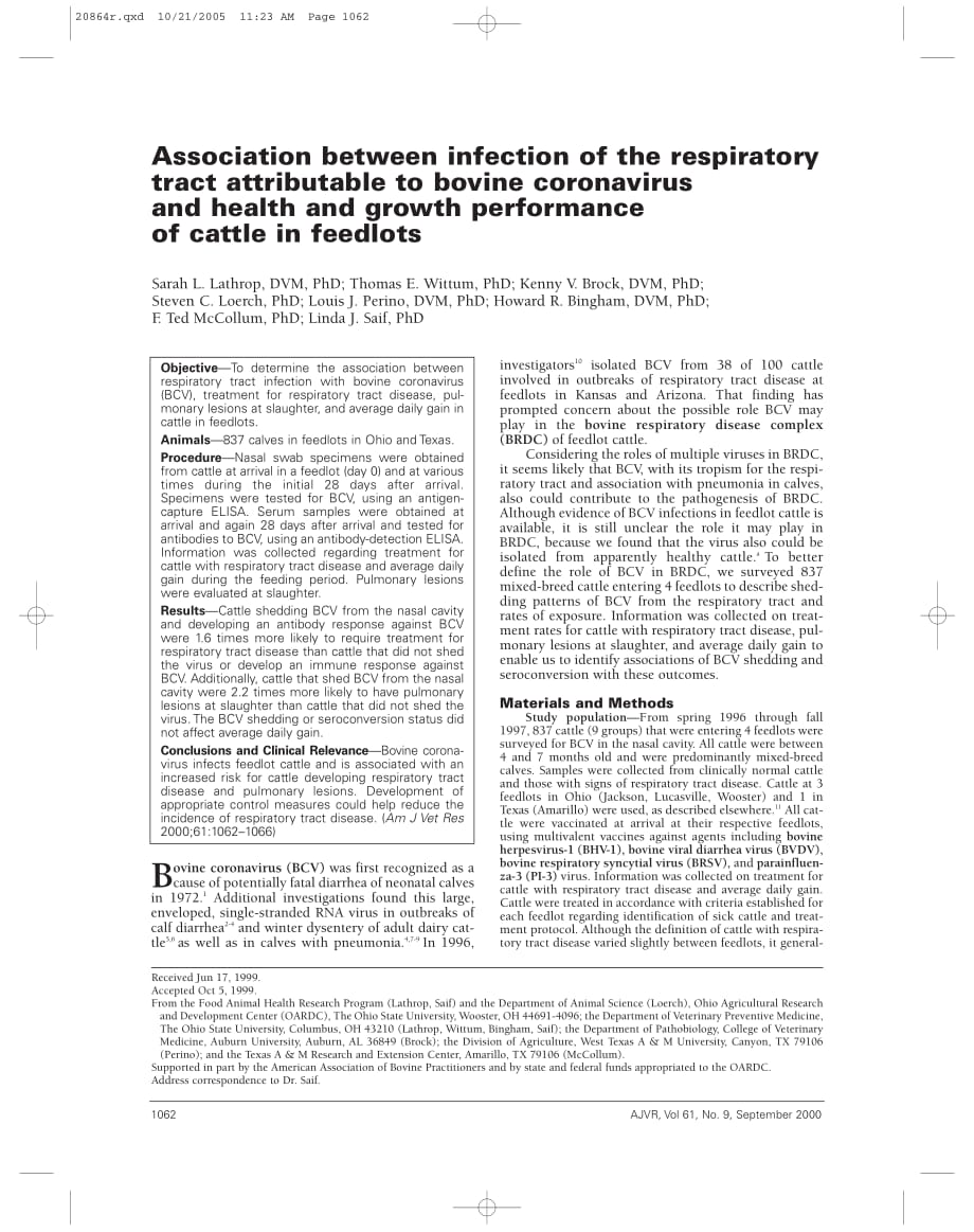 2000 Association between infection of the respiratory tract attributable to bovine coronavirus and health and growth per_第1页