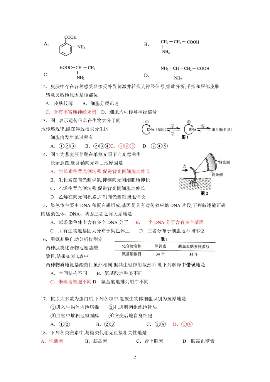 上海学业水平考试生命科学试卷(附标准答案)_第2页