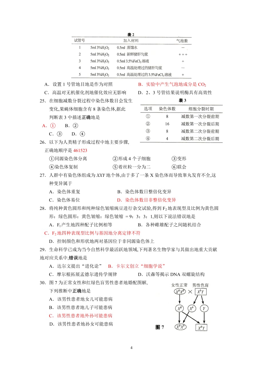 上海学业水平考试生命科学试卷(附标准答案)_第4页