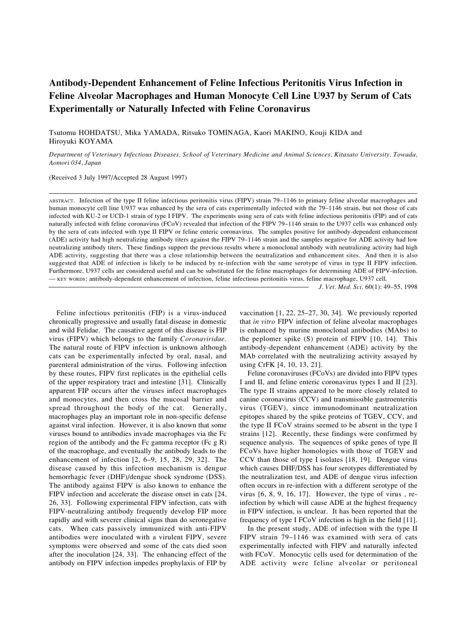 1998 Antibody-Dependent Enhancement of Feline Infectious Peritonitis Virus Infection in Feline Alveolar Macrophages and_第1页