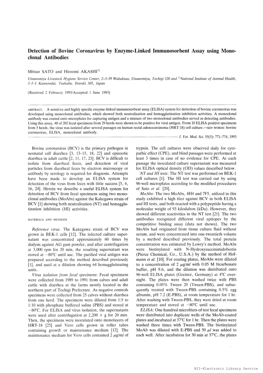1993 Detection of Bovine Coronavirus by Enzyme-Linked Immunosorbent Assay using Monoclonal Antibodies__第1页