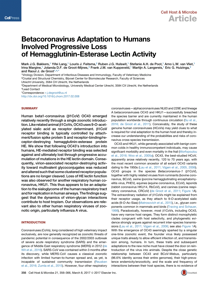2017 Betacoronavirus Adaptation to Humans Involved Progressive Loss of Hemagglutinin-Esterase Lectin Activity_第2页