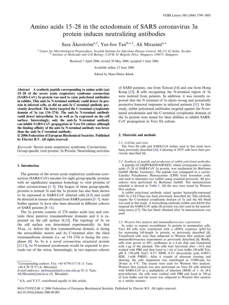 2006 Amino acids 15_28 in the ectodomain of SARS coronavirus 3a protein induces neutralizing antibodies_第1页