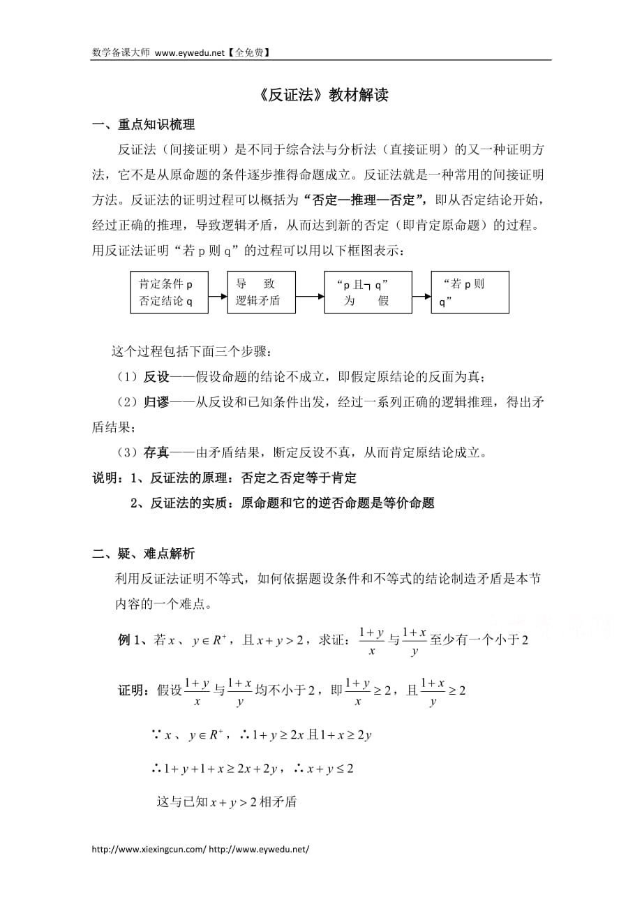 高中数学北京师范大学版选修教案：教材解读：反证法_第1页