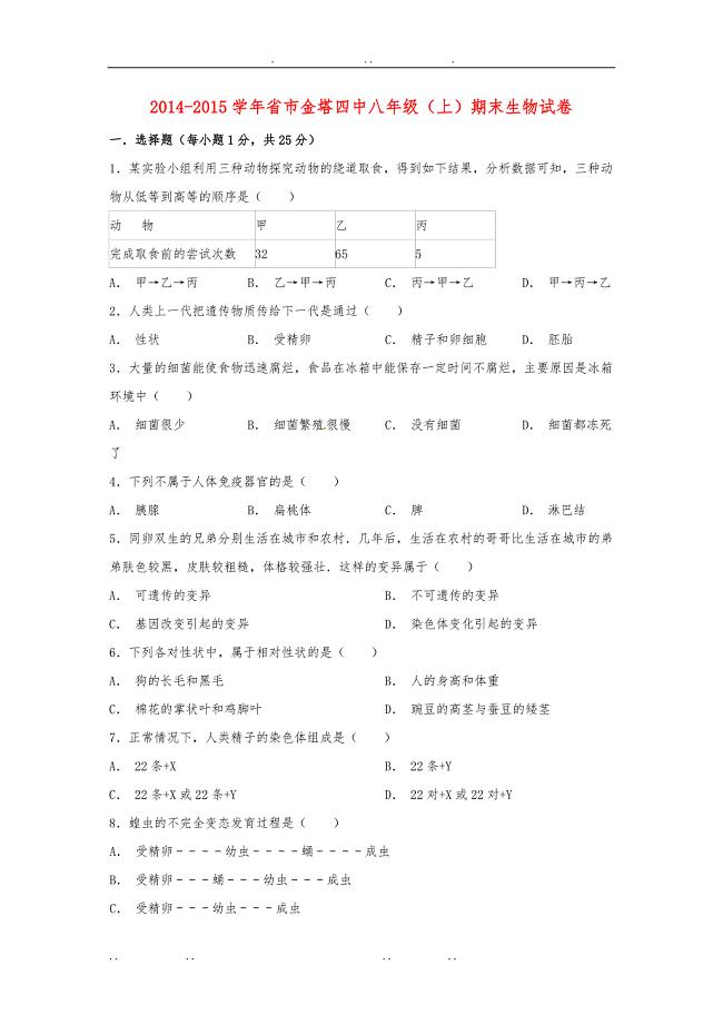 2014_2015学年甘肃省酒泉市金塔四中八年级生物上学期期末试卷一含解析新人教版