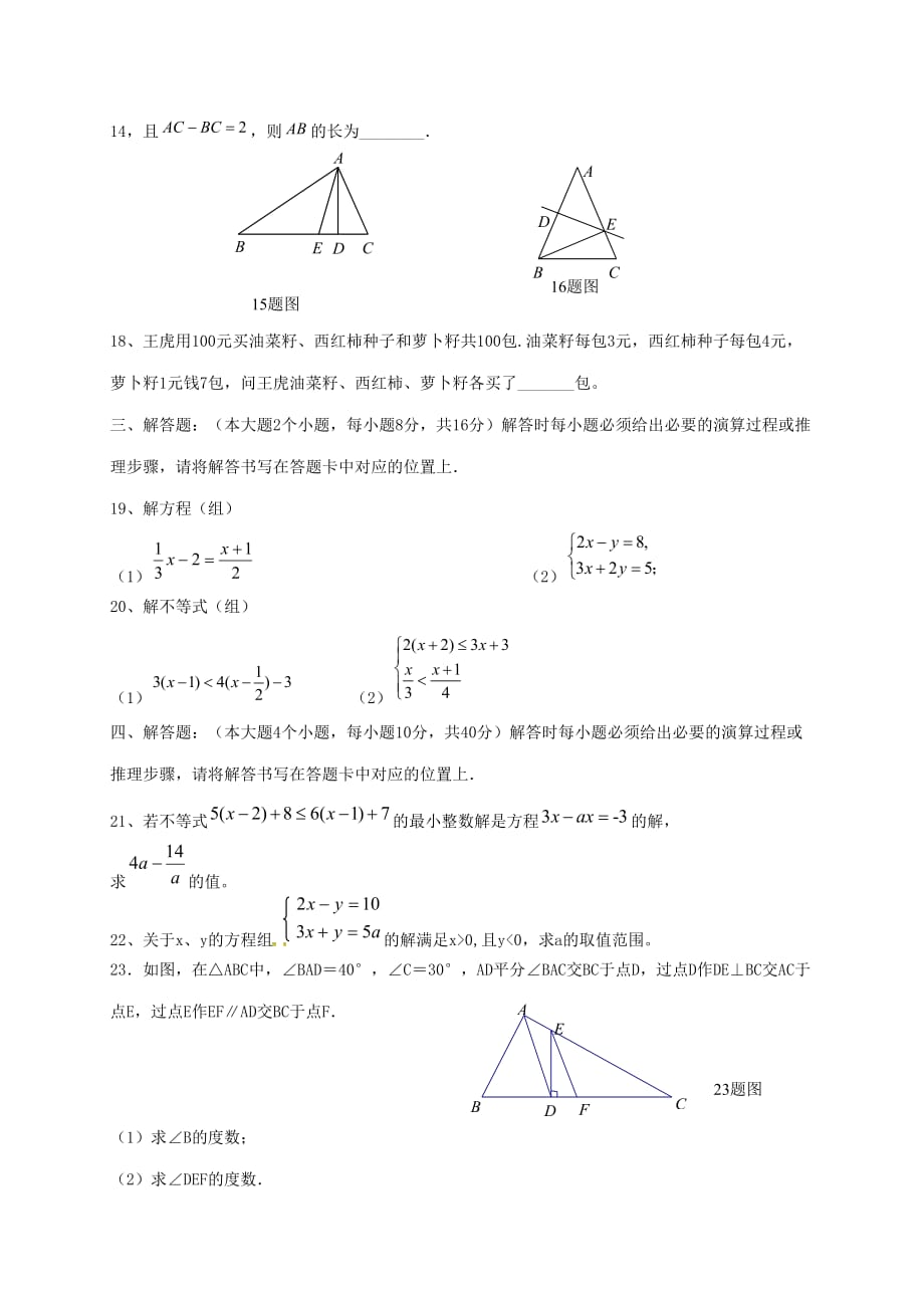 重庆大学城第一中学校七年级数学下学期期中试题_第3页