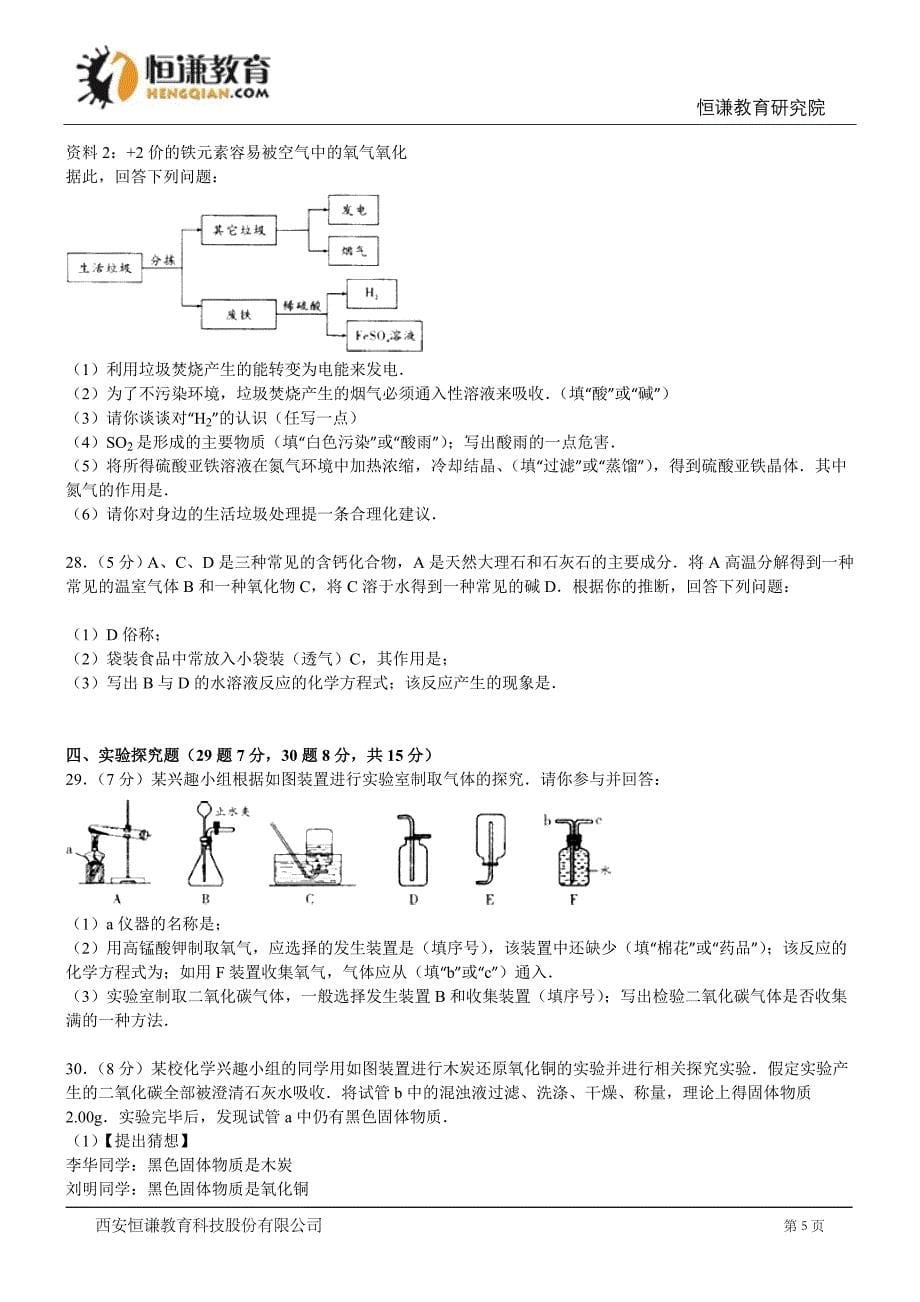 湖南怀化化学-初中毕业学业测验考试试卷(解析版)_第5页