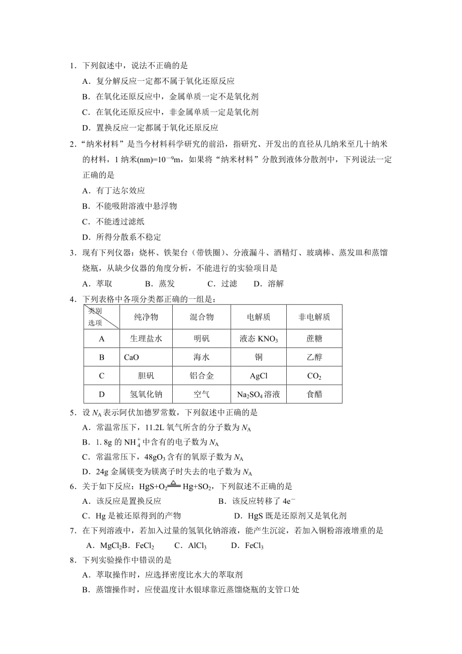 高一化学必修1期末测试题和附标准答案_第1页