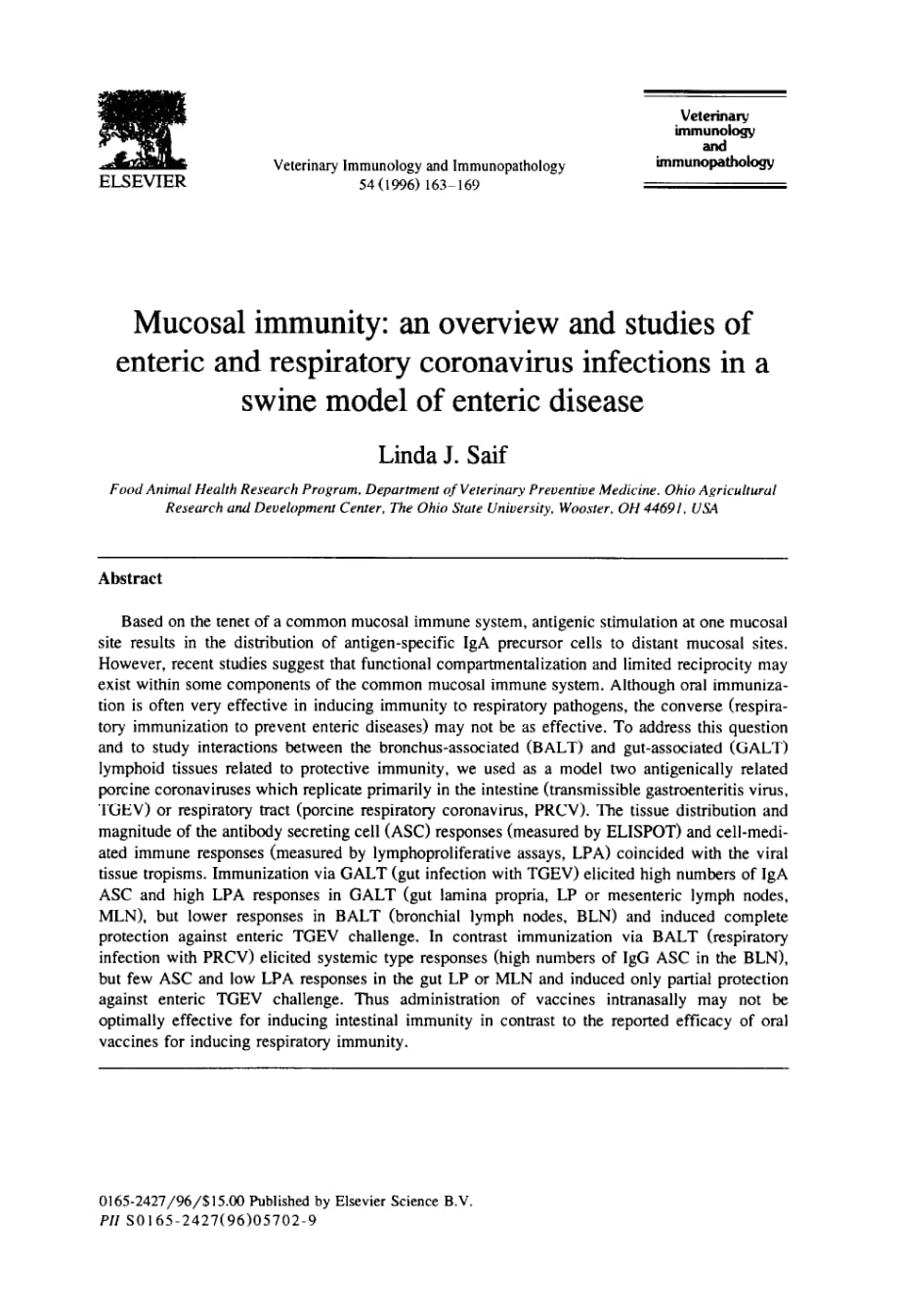 1996 Mucosal immunity_ an overview and studies of enteric and respiratory coronavirus infections in a swine model of ent_第1页