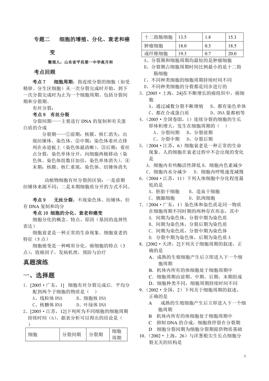 细胞的增殖分化衰老和癌变习题附标准答案_第1页