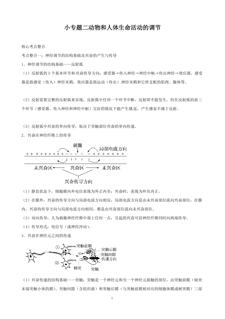 高三生物作业学案：专题5 个体的稳态与调节2 动物生命活动的调节_第1页