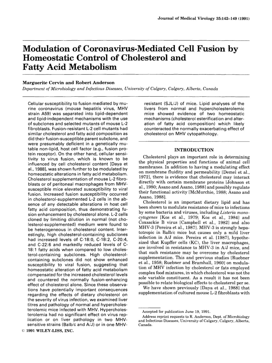 1991 Modulation of coronavirus-mediated cell fusion by homeostatic control of cholesterol and fatty acid metabolism_第1页