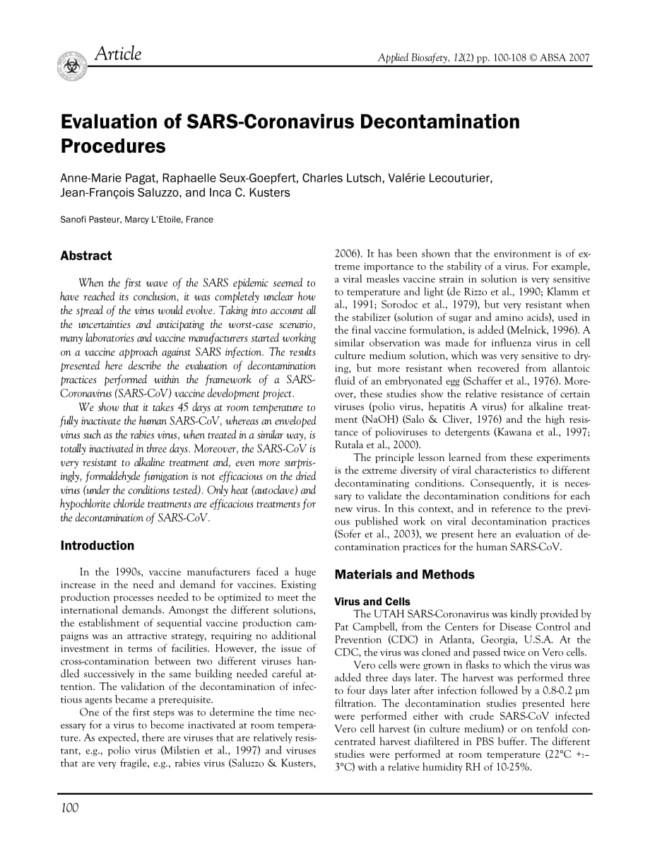 2007 Evaluation of SARS-Coronavirus Decontamination Procedures_第1页