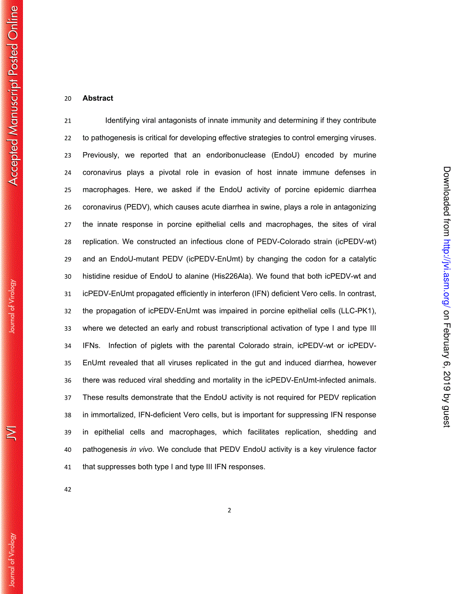 2019 Coronavirus endoribonuclease activity in porcine epidemic diarrhea virus suppresses type I and type III interferon_第2页