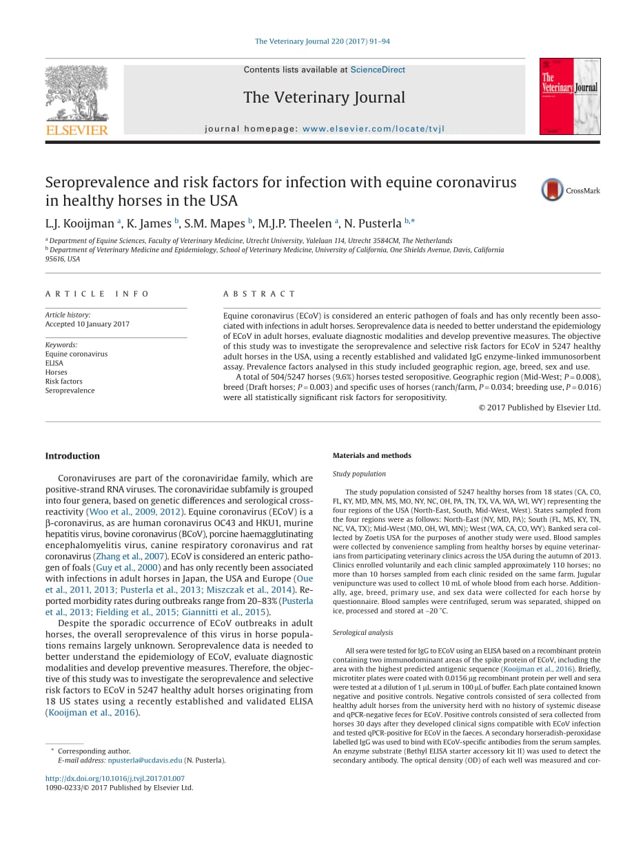 2017 Seroprevalence and risk factors for infection with equine coronavirus in healthy horses in the USA.1_第1页