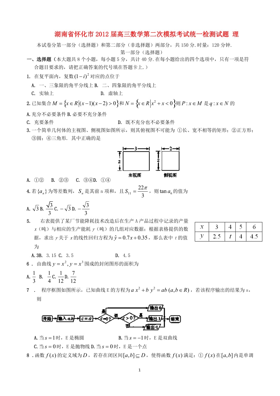 湖南怀化高三数学二次模拟测验考试统一检测试题理_第1页